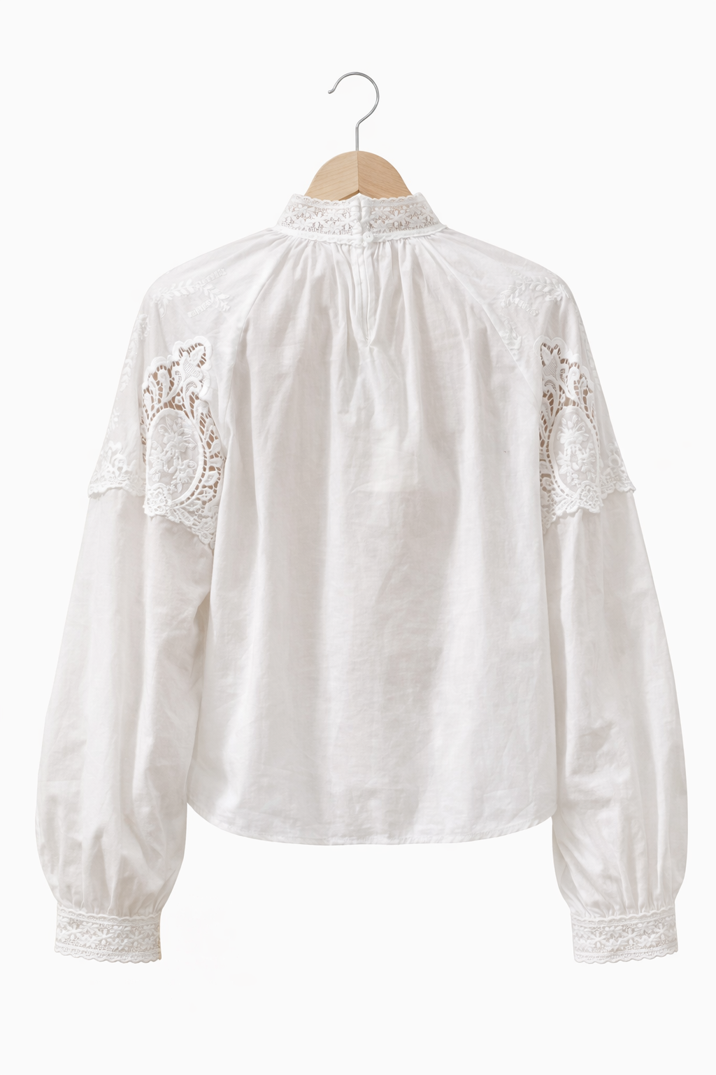 vue dos - Blouse femme blanche dentelle Calais col officier victorien 100% coton - It Hippie