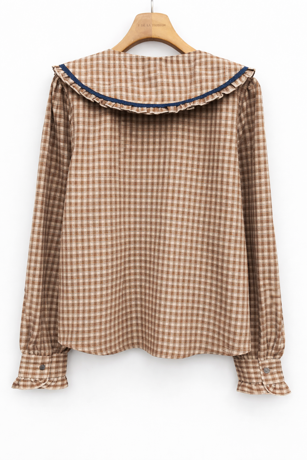 vue dos Chemisier femme Elise vichy café beige col claudine XXL feston marine 100% coton - Lili&lala