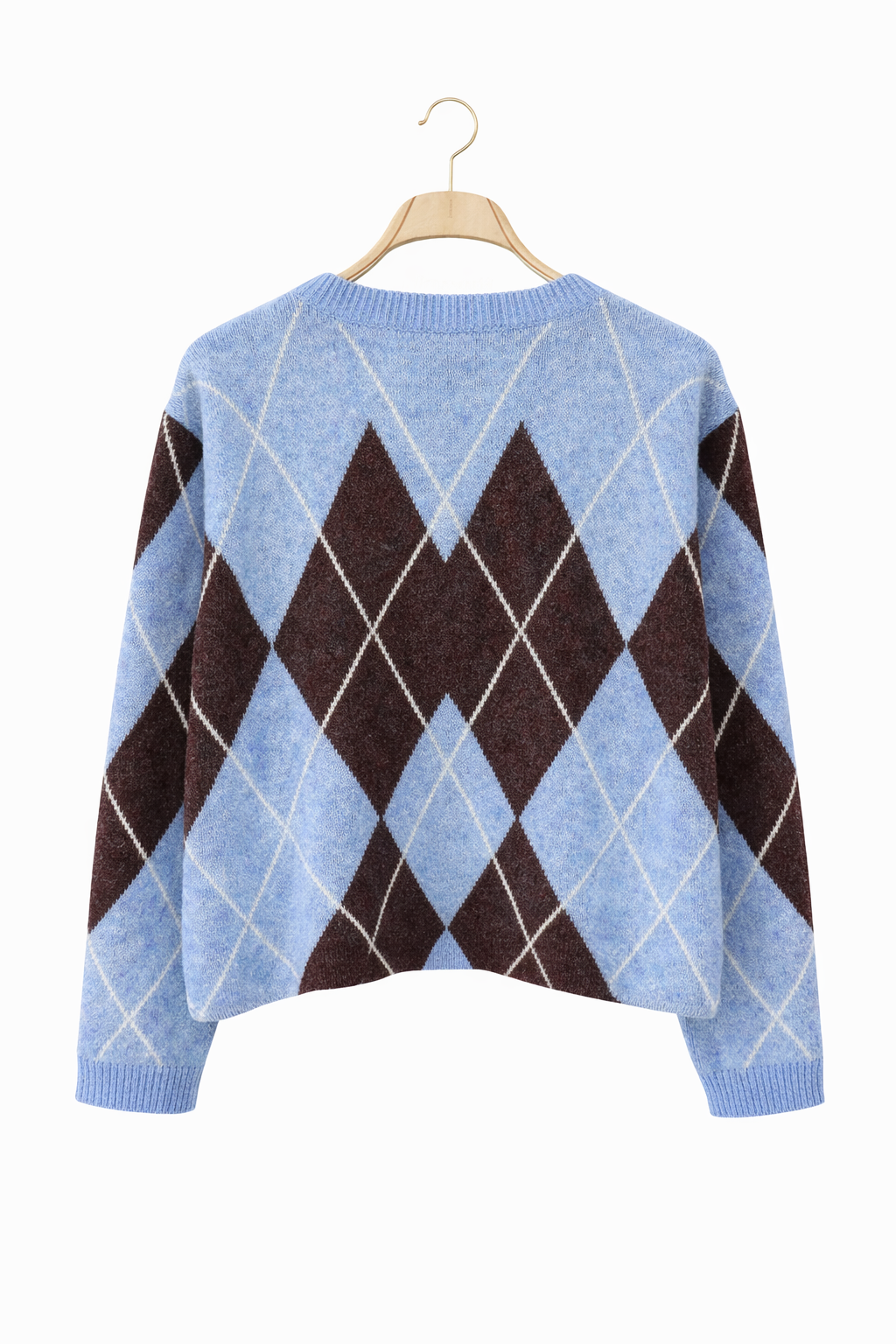 vue dosGilet femme Marceline jacquard losange bleu ciel marron vintage collège - It Hippie