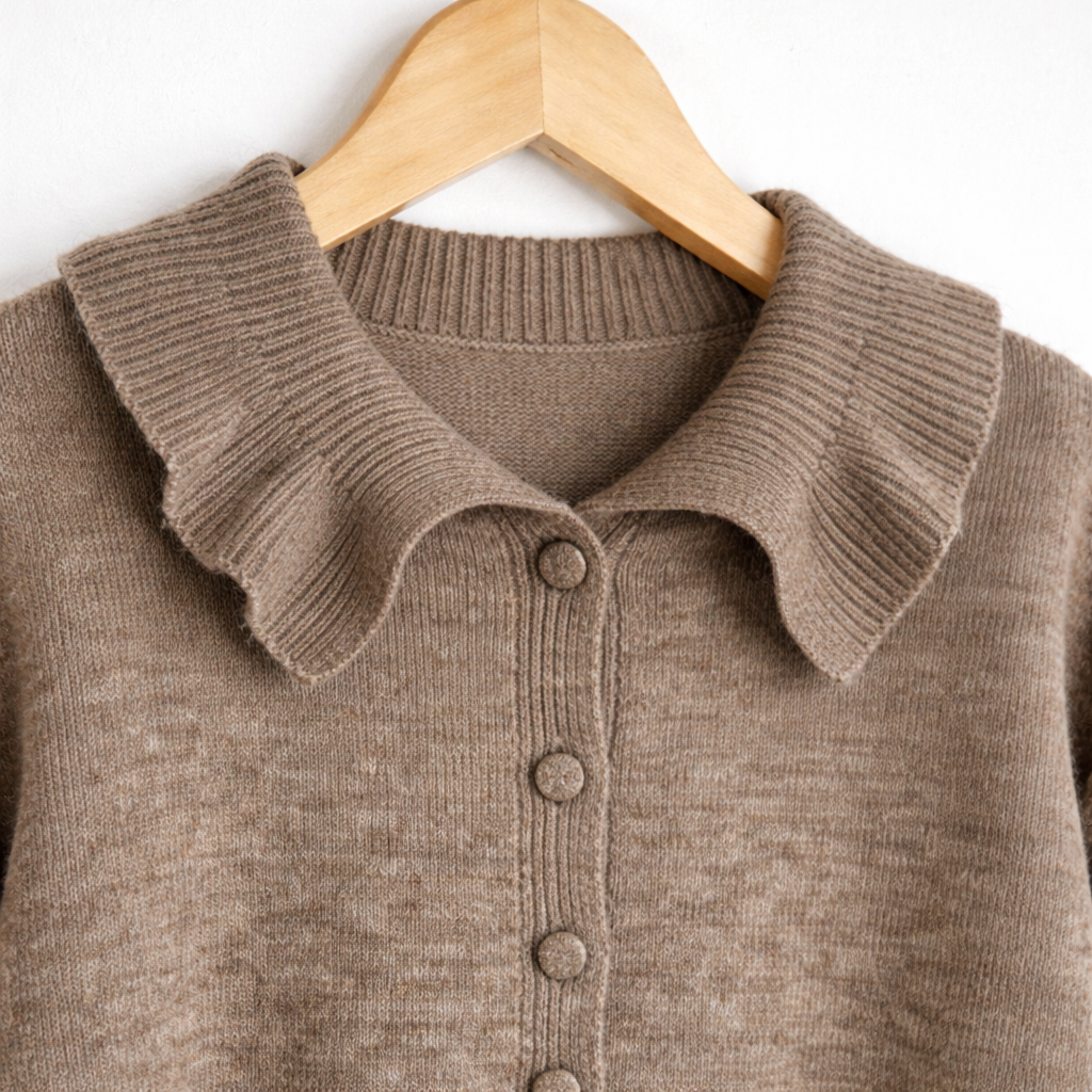 Gros plan texture maille gilet Erine taupe 20% laine 20% acrylique