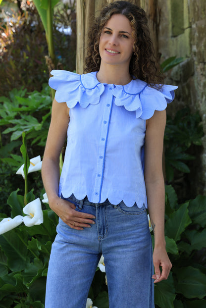 Chemisier Julie - Rayures azur et col claudine fleuri
