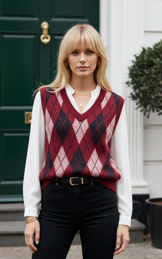 Pull Gaïa sans manches col V rouge noir vieux rose porté - taille unique 36-40