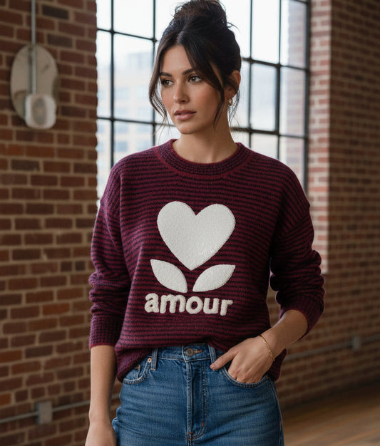 Look bohème avec pull Bérénice rayé cœur moumoute et jean brut - Anouk et les chic filles