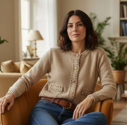 Femme portant le gilet Mona beige avec surpiqures - style bohème chic