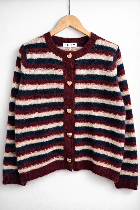 Gilet Cassandra femme rayures bordeaux marine crème boutons cœur dorés - vue de face