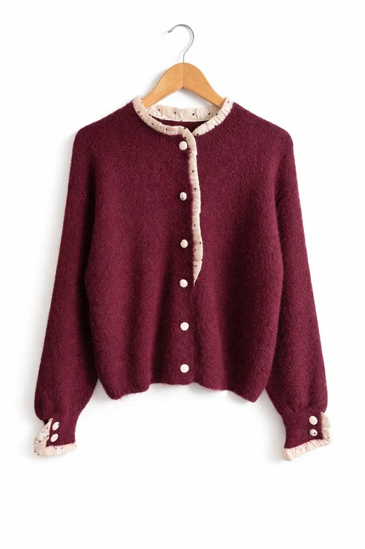 vue face Gilet femme Apolline bordeaux détails cœurs noirs liseré beige bohème chic - Graciela
