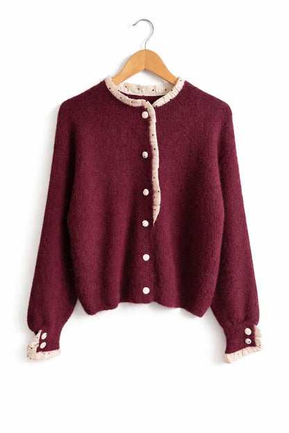 vue face Gilet femme Apolline bordeaux détails cœurs noirs liseré beige bohème chic - Graciela
