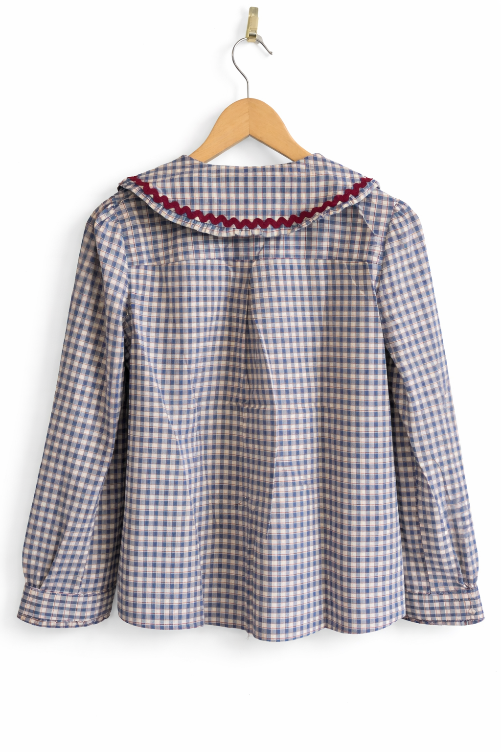 vue dos Chemisier femme Odette vichy marine beige col claudine festonné bordeaux 100% coton - In April 1986
