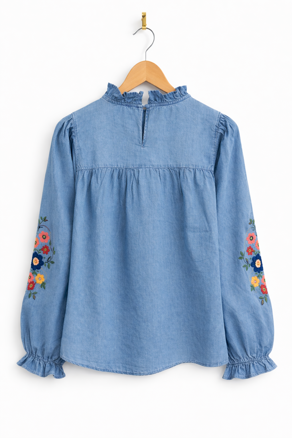Vue dos col volanté blouse femme Isabeau denim - broderies colorées

