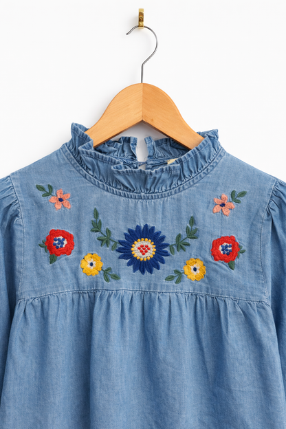 Détail broderies florales multicolores blouse Isabeau  motifs floraux
