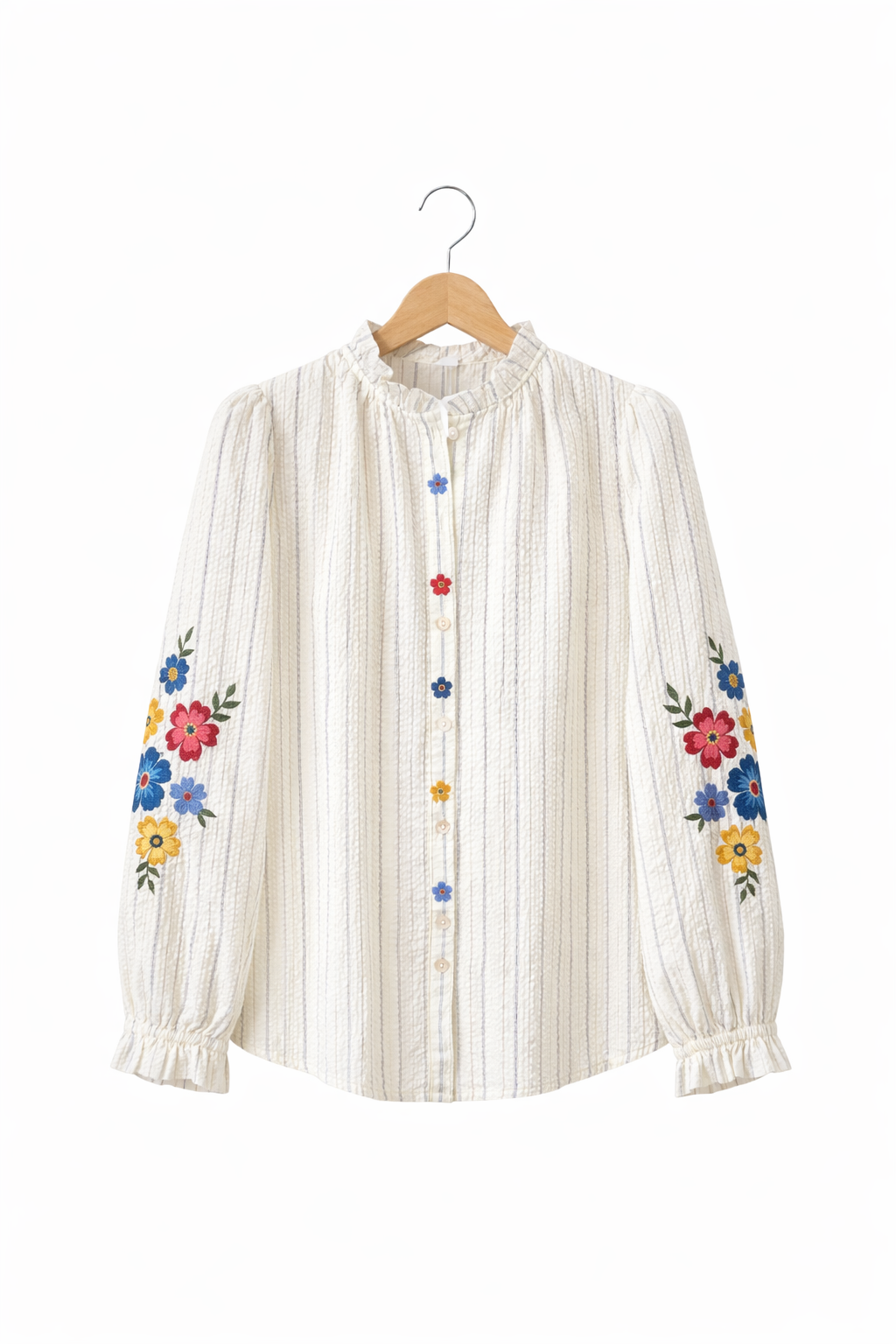 vue de face Blouse femme Flora rayures broderies florales multicolores col froncé 100% coton - It Hippie
