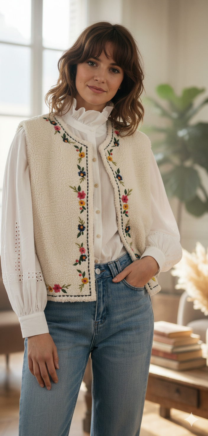 vue portée gilet femme Garance sans manche sherpa crème broderies florales multicolores bohème chic - It Hippie