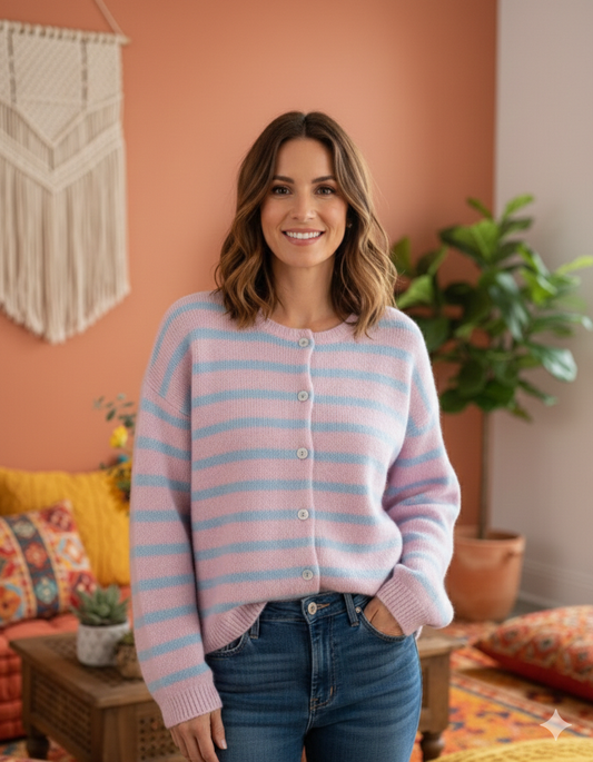 Gilet Clémence rose azur porté - look bohème romantique
