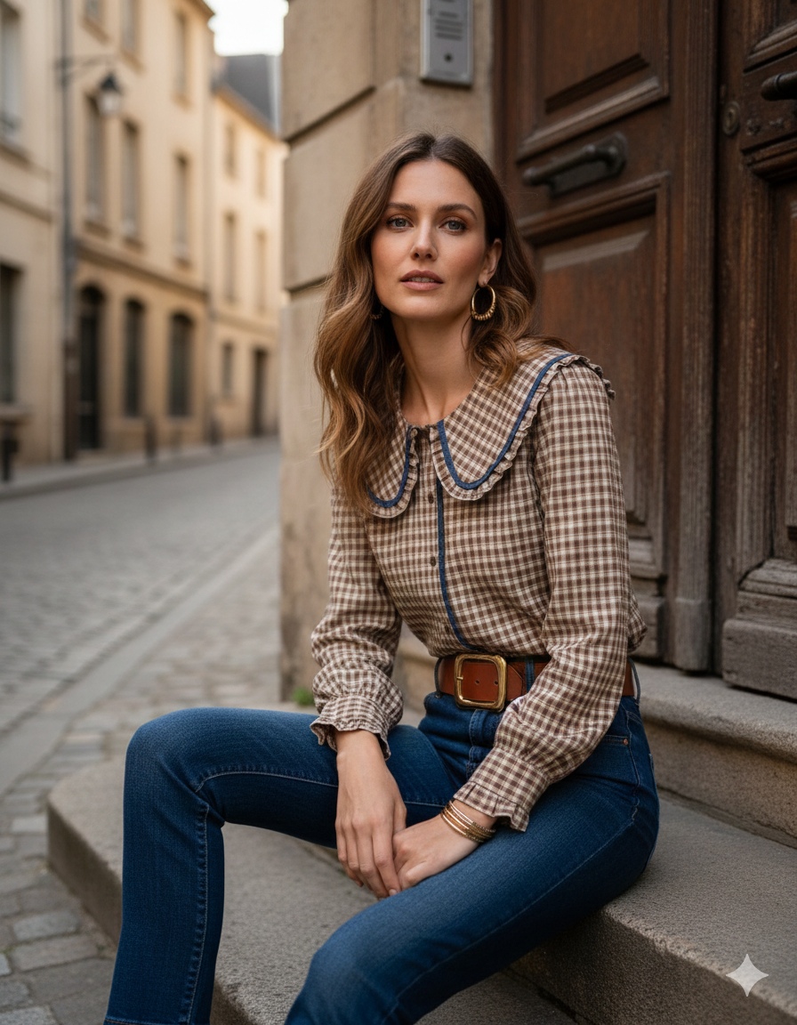 vue portée Chemisier femme Elise vichy café beige col claudine XXL feston marine 100% coton - Lili&lala
