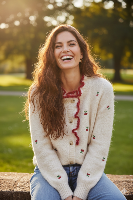 Gilet Cerise porté - style bohème romantique régressif
