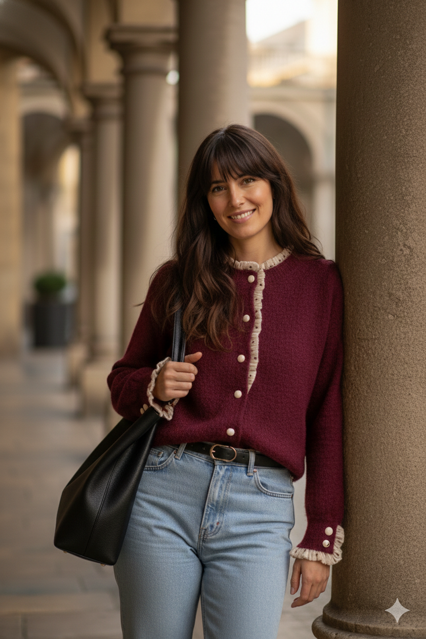 Gilet Apolline bordeaux porté - style élégant raffiné
