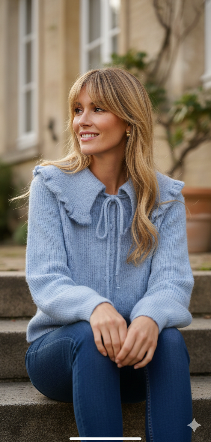 Gilet Léonie bleu porté - style bohème chic mi-saison
