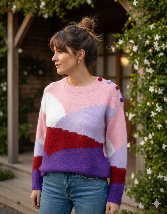 Pull Louison tricolore porté - style bohème chic graphique
