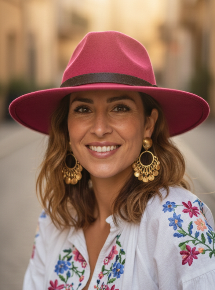Chapeau Alba fuchsia porté - look bohème chic preintemps- été