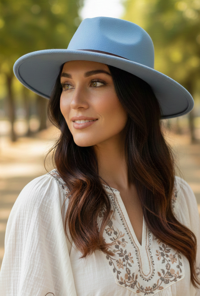 Chapeau Alba bleu ciel porté - look bohème romantique printemps-été