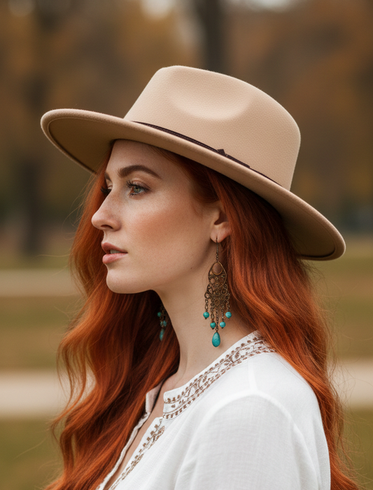 Chapeau Alba beige sable porté - look bohème chic automne-hiver