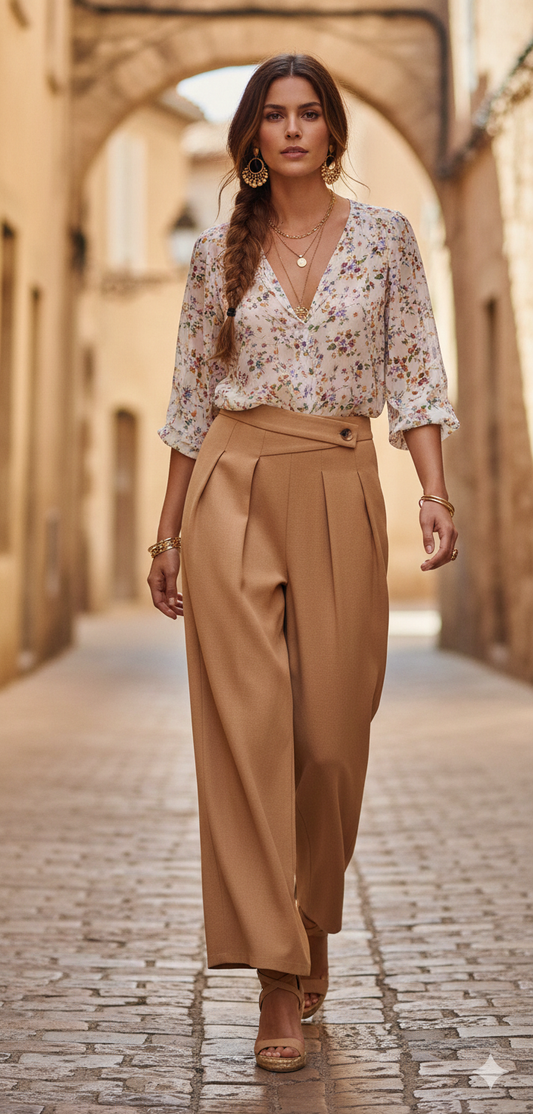 Vue portée pantalon large Sixtine camel abricoté Copperose en lin et viscose, coupe wide leg fluide

