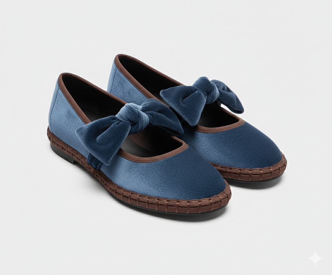 Ballerines Inès Mary Jane velours bleu avec nœud plat et bordure chocolat"
