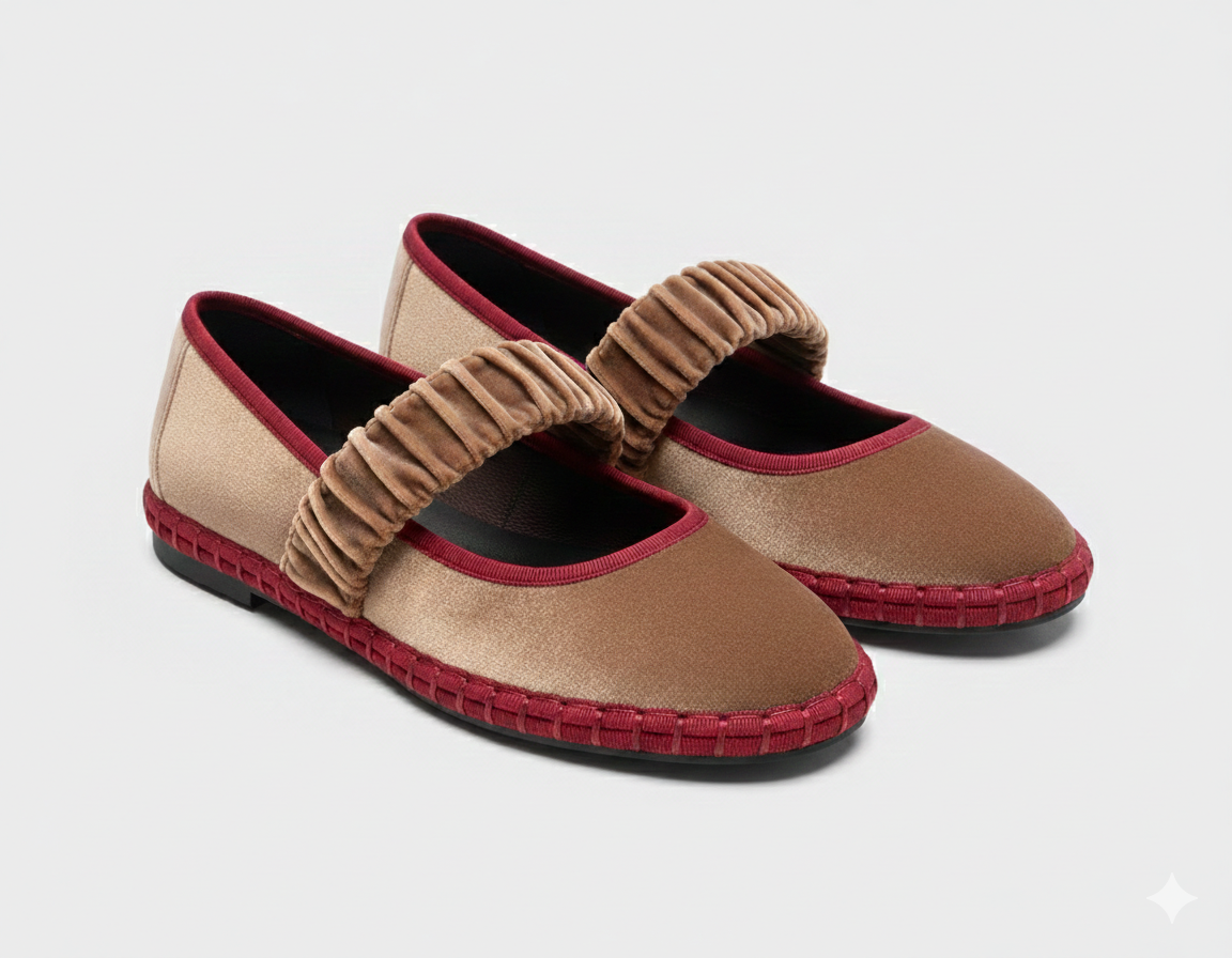 Ballerines Naïa velours taupe avec liseré bordeaux et bride élastique