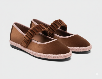 Ballerines Nadal velours brun épicé avec bride élastique et finitions rose poudré