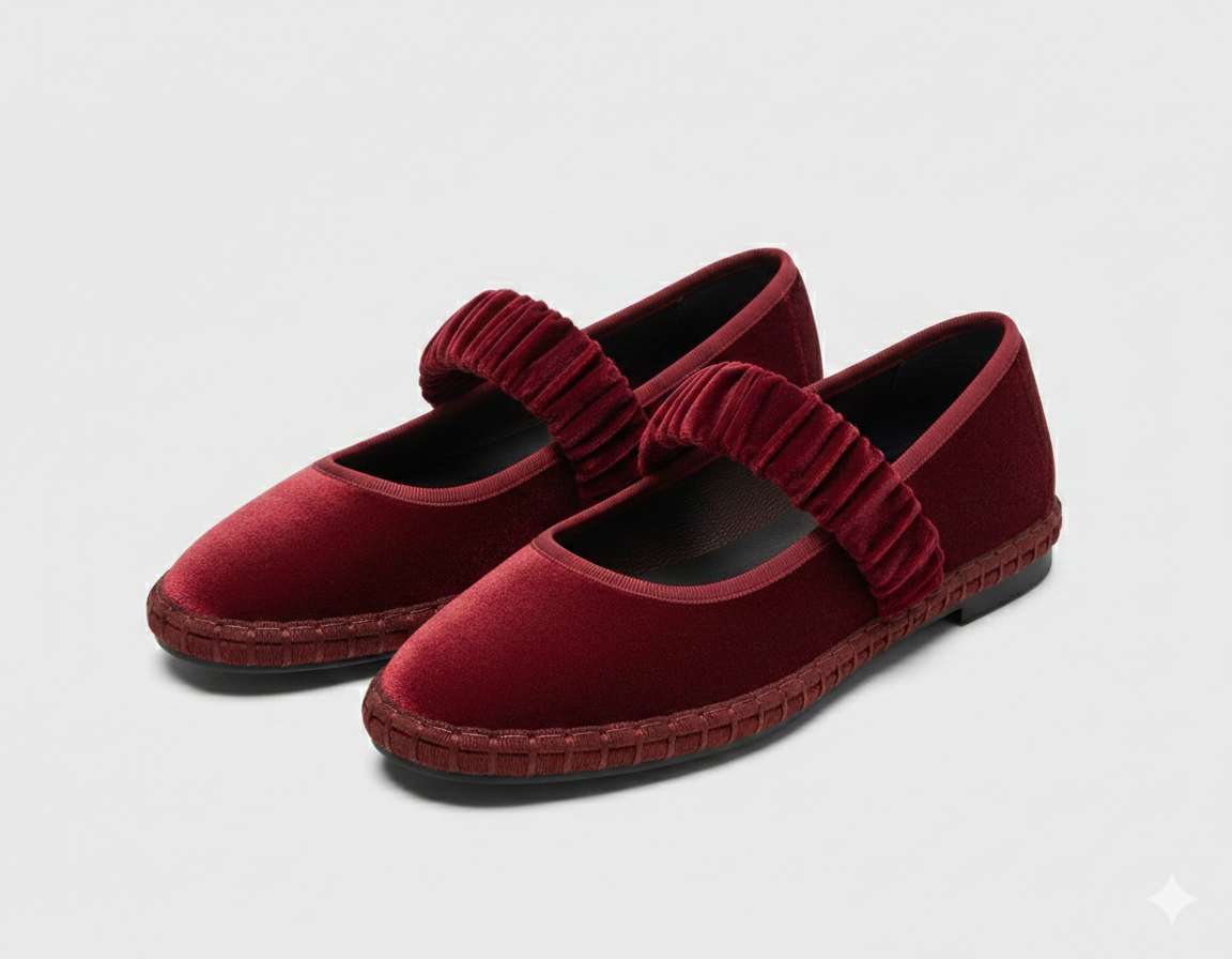 Ballerines Naïa Mary Jane velours rouge grenat avec bride élastique froncée