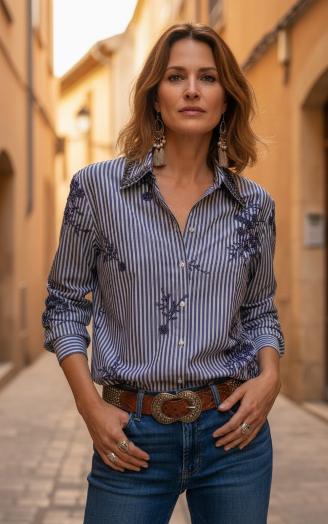 Chemise Morgane portée - Rayures marine avec boutons bijou et broderies perles