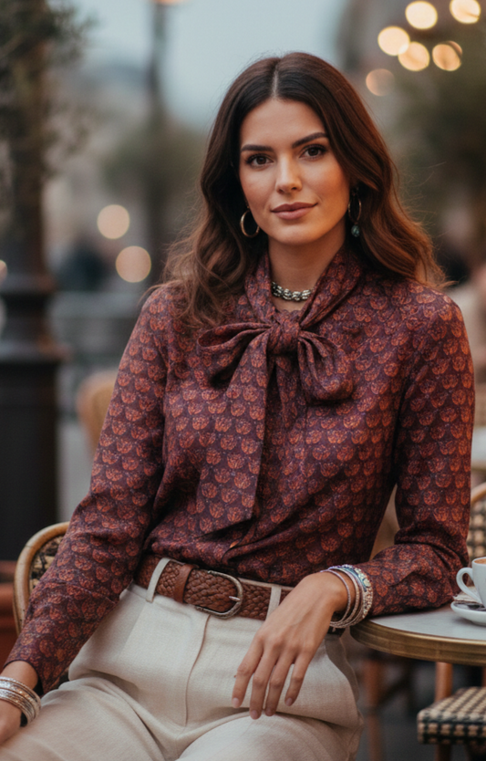  Look romantique chic avec blouse Isadora bordeaux et pantalon beige - Anouk et les chic filles