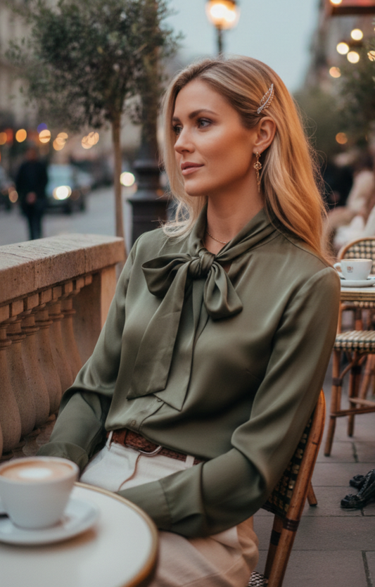 Blouse Sophie satin kaki fluide avec ruban cravate - 100% polyester - An'ge