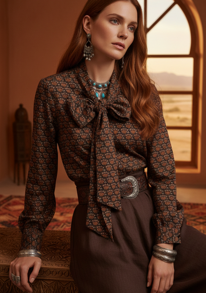  Blouse Isadora portée - Col lavallière et boutonnage intégral imprimé brun