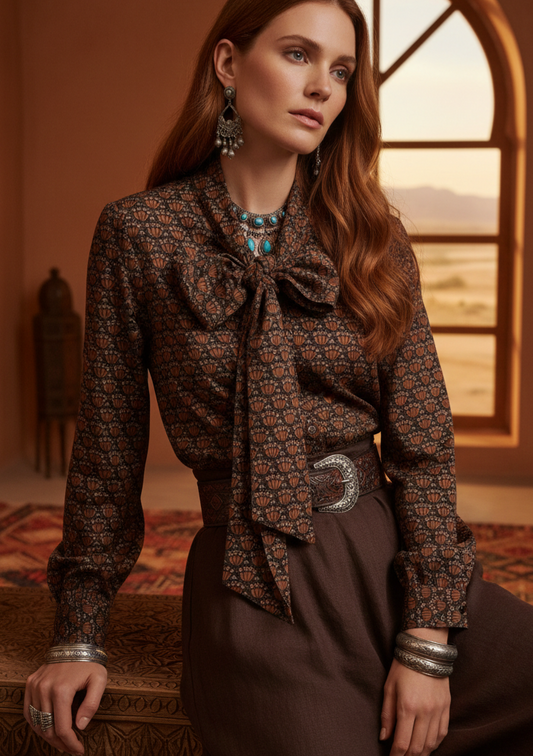  Blouse Isadora portée - Col lavallière et boutonnage intégral imprimé brun