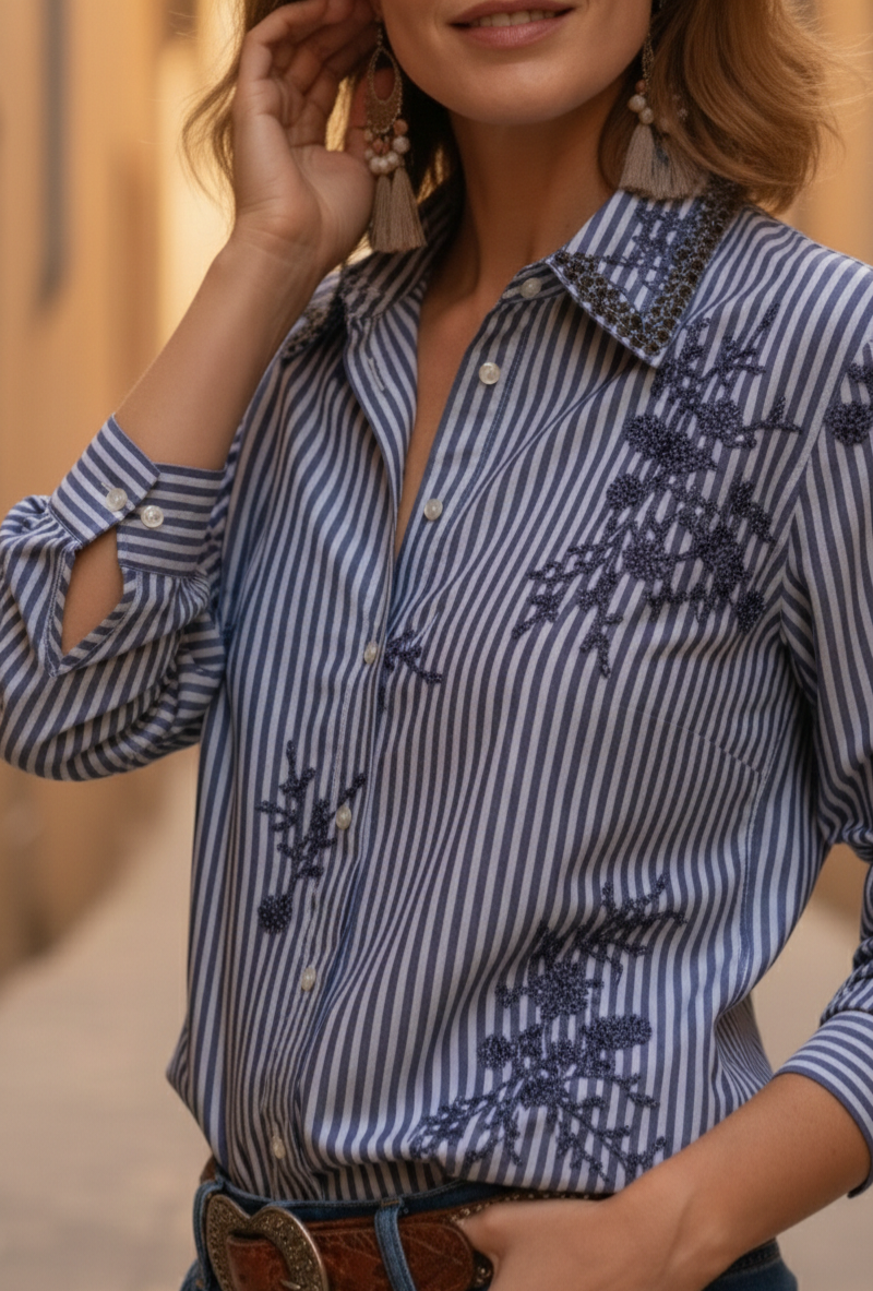  Chemise Morgane rayures marine et blanc avec broderies florales perles - Golden Days