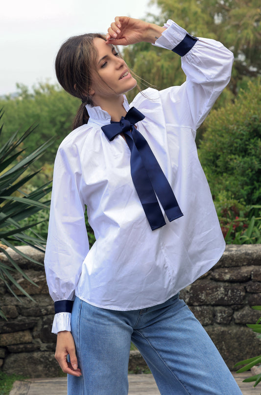 Blouse Blandine - blanc noeud marine