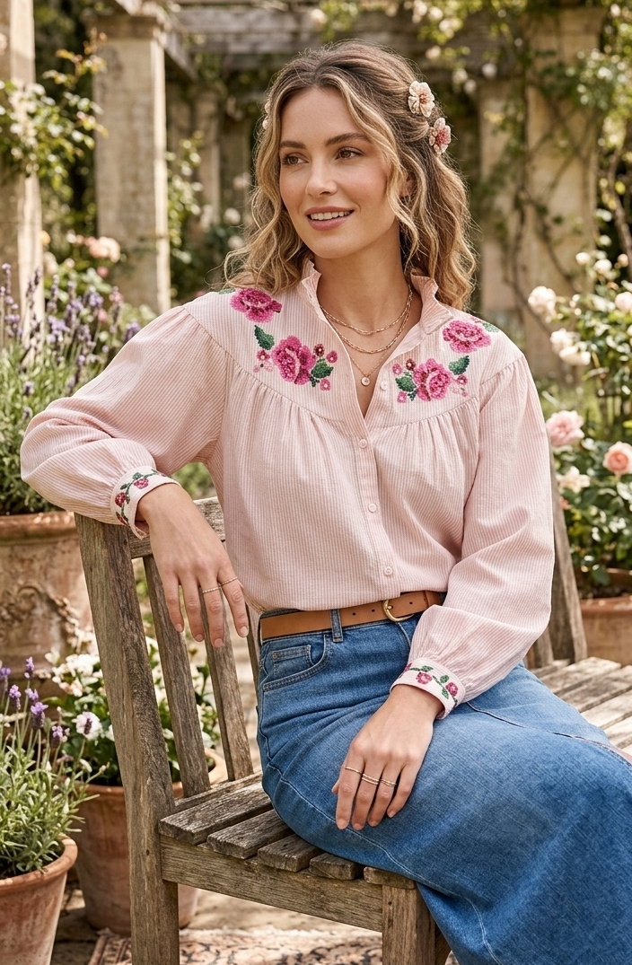 Blouse femme Mérédith rose rayée - style bohème romantique
