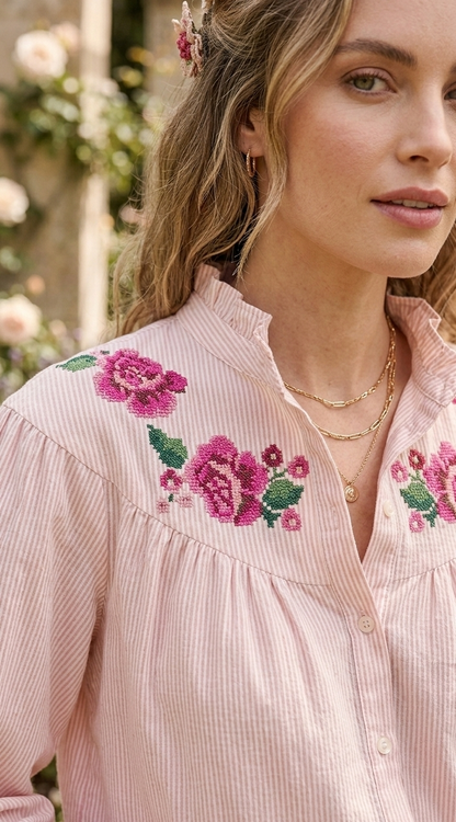 Blouse Mérédith coton léger - rayures roses et broderies
