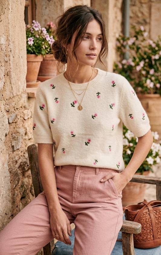 Pull Clarisse crème myosotis roses brodés - maille douce - It Hippie
