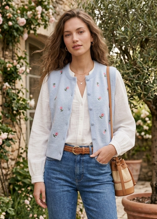  Gilet Liana bleu azur sans manches avec fleurs brodées