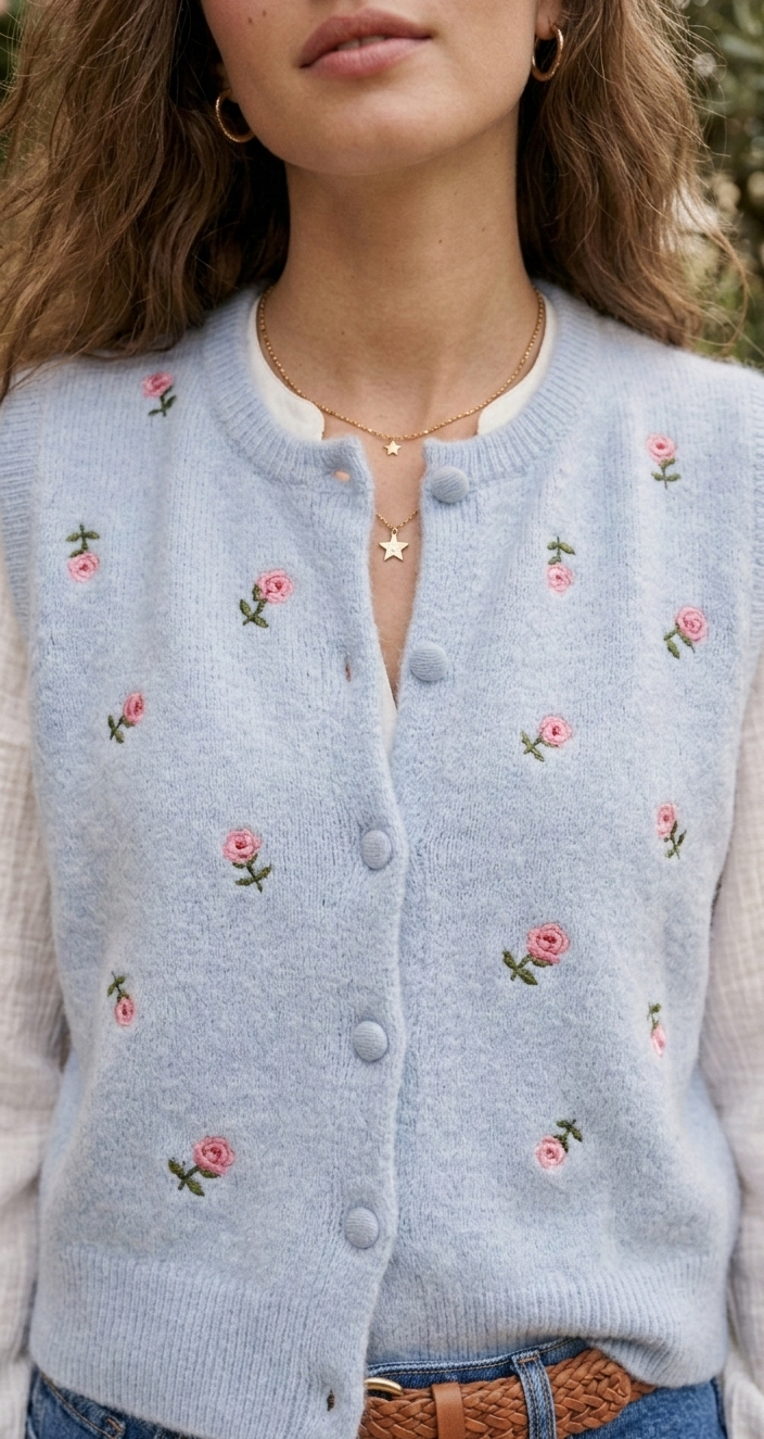  Gilet femme Liana azur à fleurs - vue de face