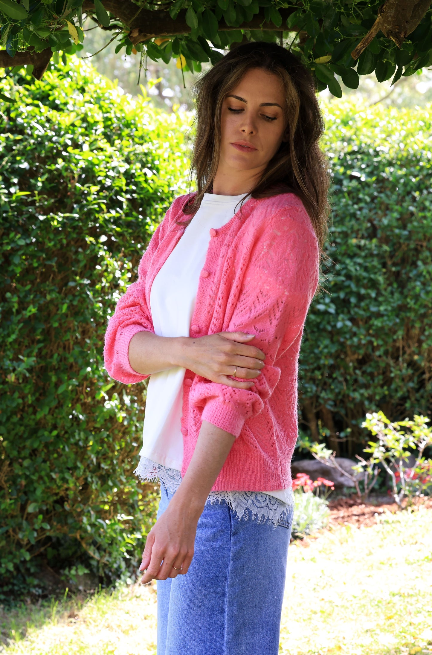 Gilet Leslie - Maille ajourée bonbon