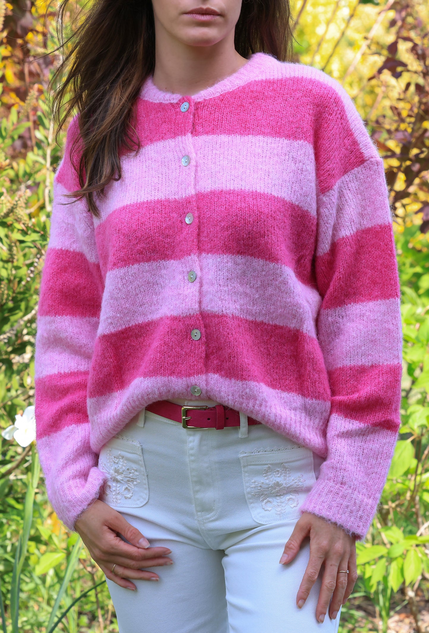 Gilet Masha - rayures fuchsia et guimauve