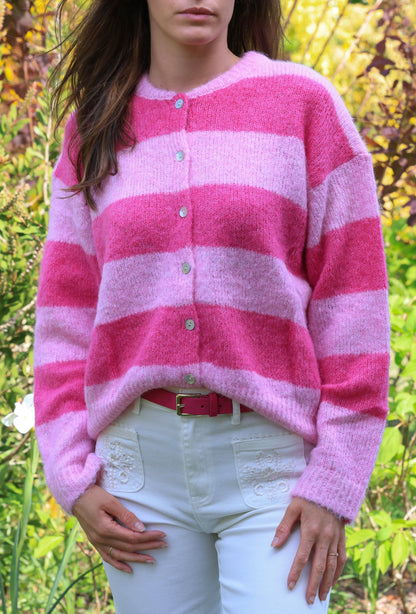 Gilet Masha - rayures fuchsia et guimauve