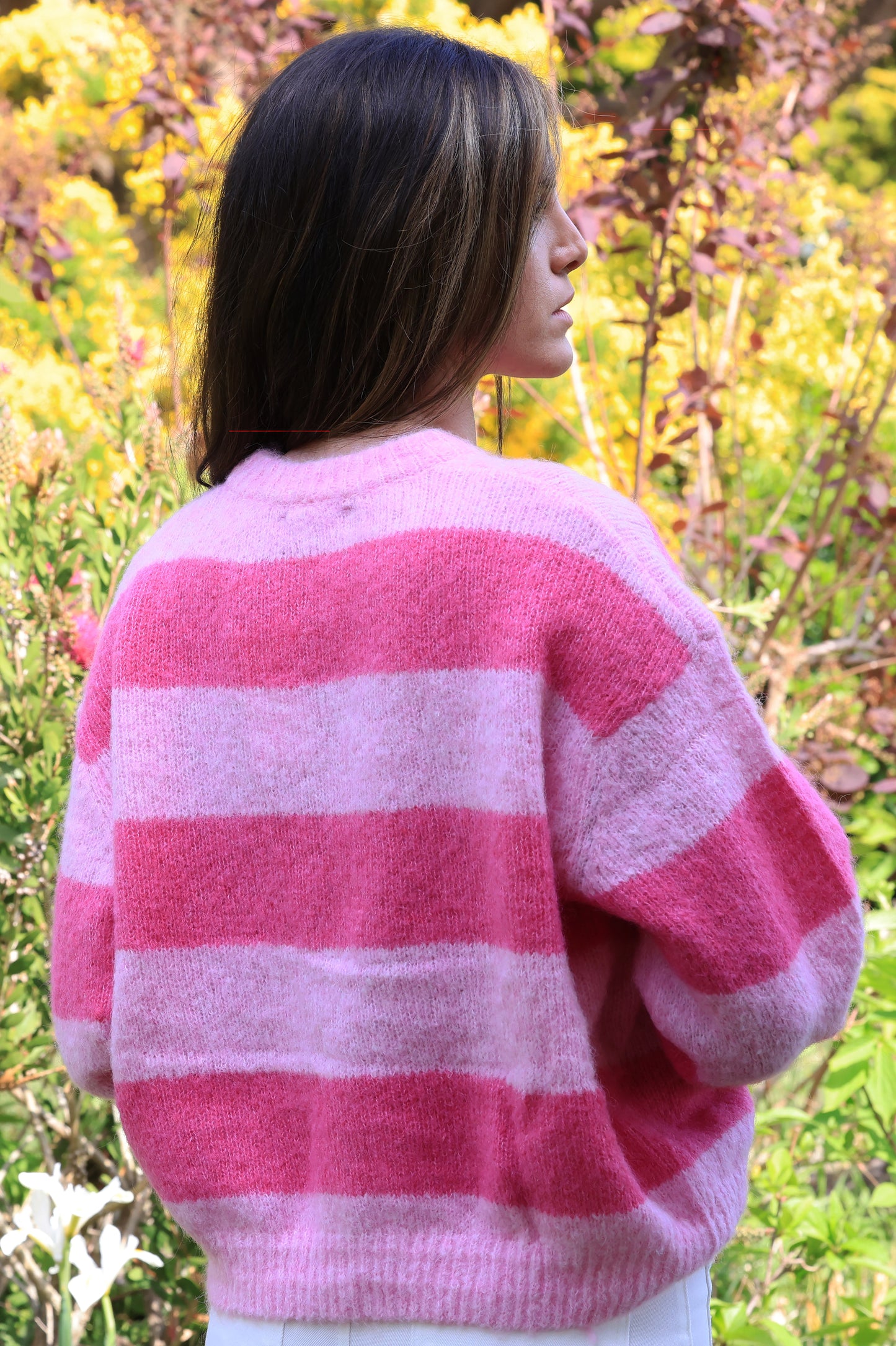 Gilet Masha - rayures fuchsia et guimauve