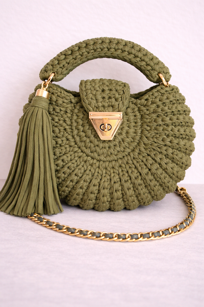 Sac Amaya olive crocheté main en coton premium, bandoulière chaîne dorée, artisanal naturel