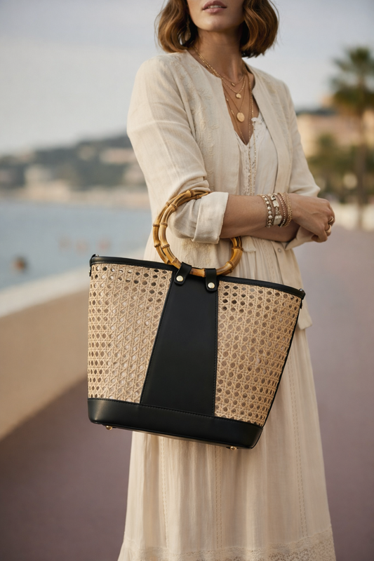 Sac Ophelia bambou porté en crossbody, look décontracté chic polyvalent
