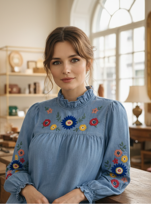 vue portée Blouse denim Isabeau portée style bohème ethnique chic
