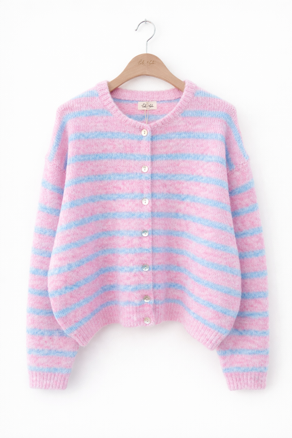vue face - Gilet femme Clémence oversize rose poudré rayures azur maille douce - Lili&lala
